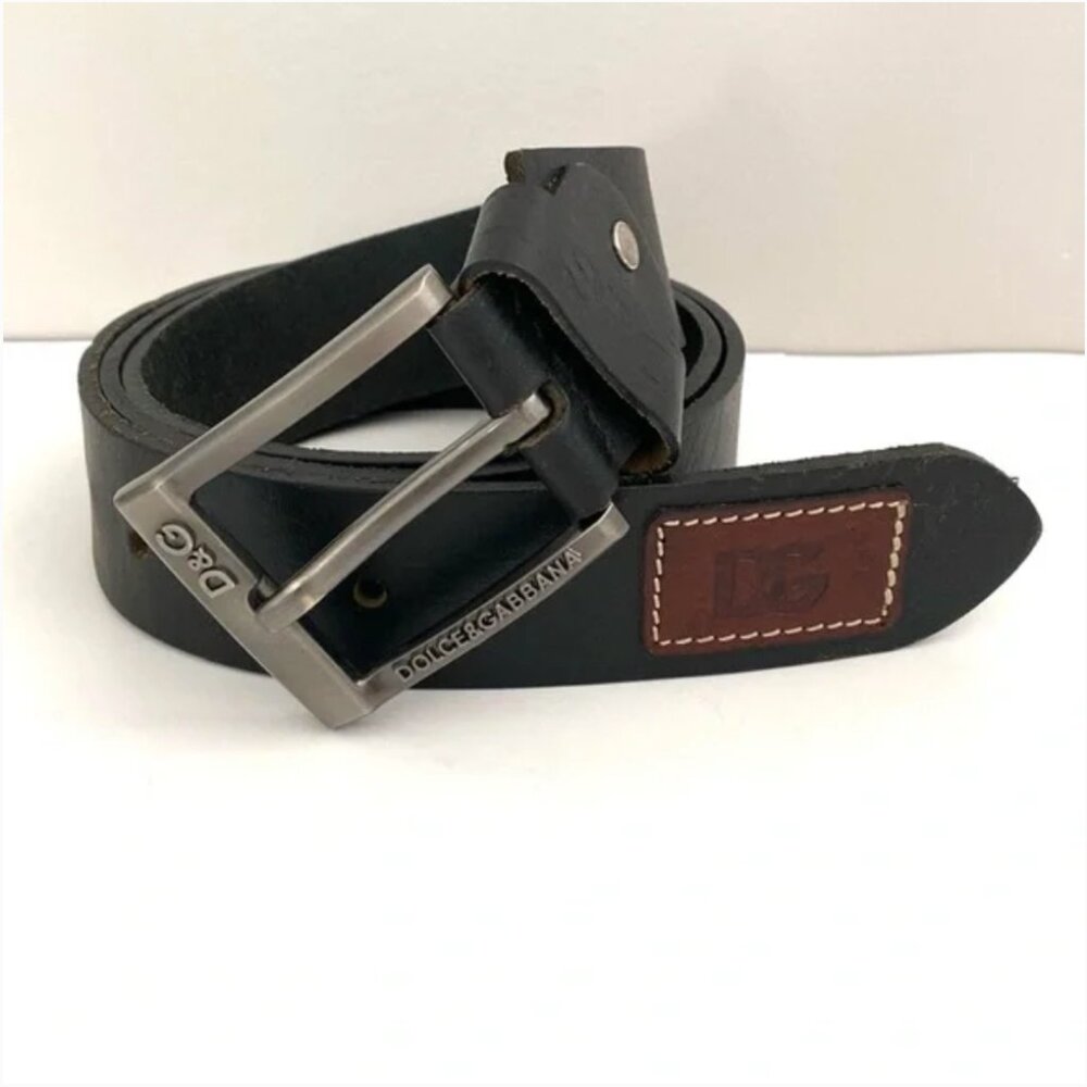 Vintage Dolce & Gabbana Black Leather Belt Silver Buckle W37” - 42”